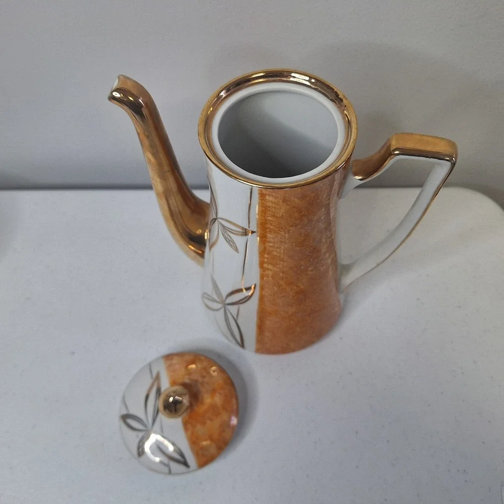 Walbrzych Poland Porcelain Coffee‎ Tea Set Gold Trim Orange Floral Mid Century